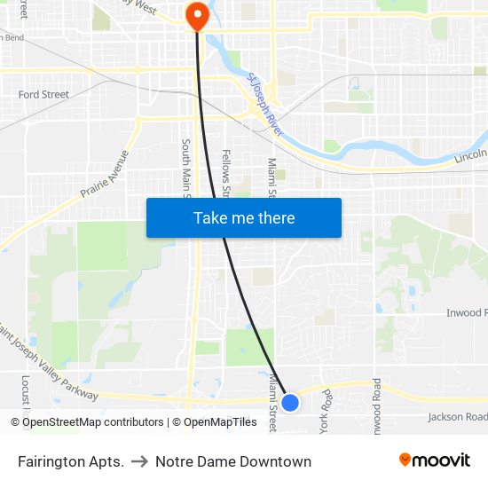 Fairington Apts. to Notre Dame Downtown map