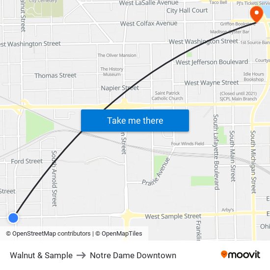 Walnut & Sample to Notre Dame Downtown map