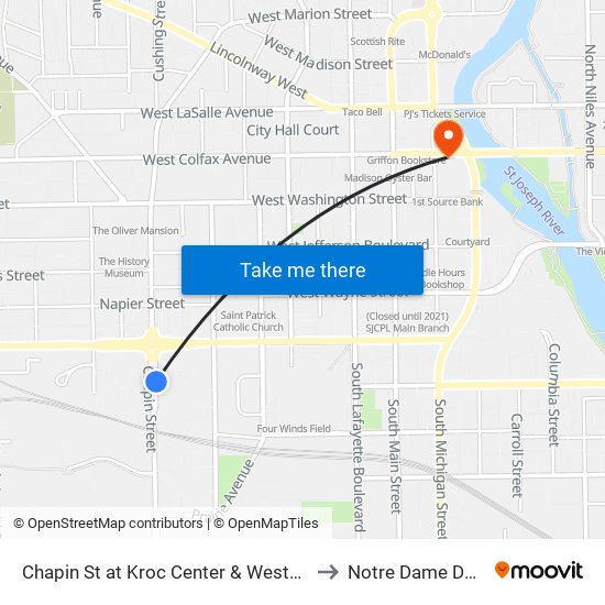 Chapin St at Kroc Center & Westcott Court Apts. to Notre Dame Downtown map