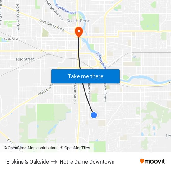 Erskine & Oakside to Notre Dame Downtown map