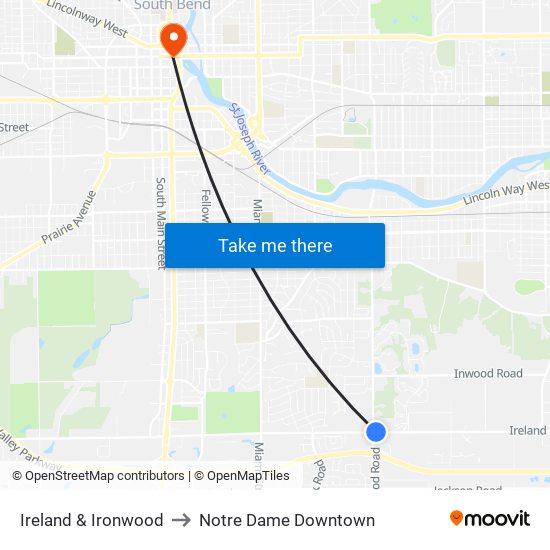 Ireland & Ironwood to Notre Dame Downtown map