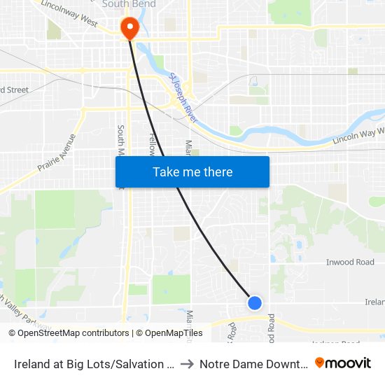 Ireland at Big Lots/Salvation Army to Notre Dame Downtown map