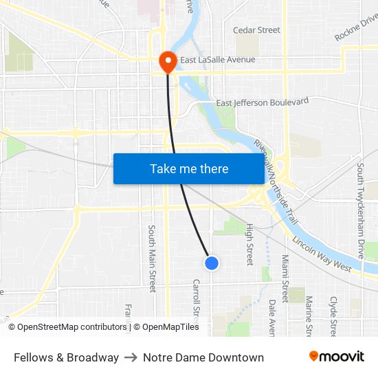 Fellows & Broadway to Notre Dame Downtown map