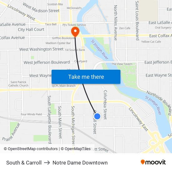 South & Carroll to Notre Dame Downtown map