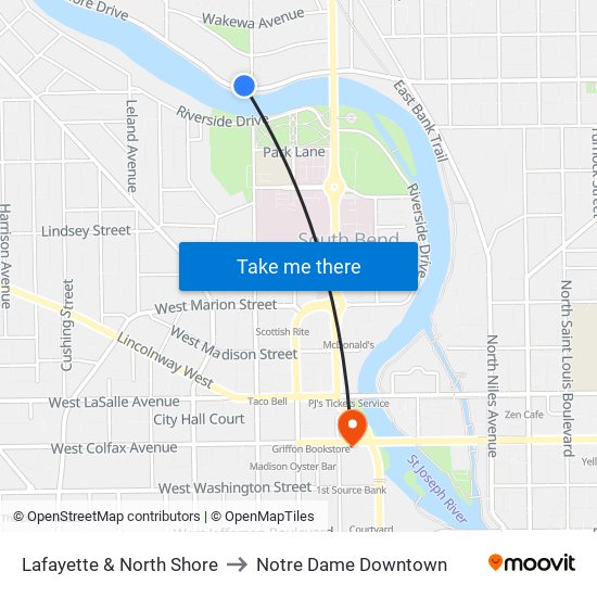 Lafayette & North Shore to Notre Dame Downtown map