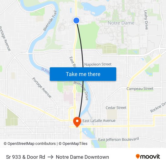 Sr 933 & Door Rd to Notre Dame Downtown map