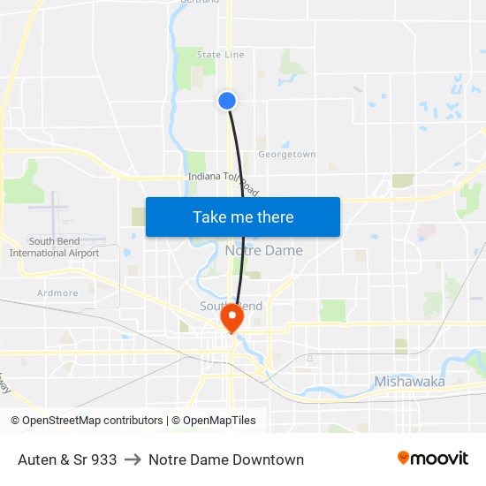 Auten & Sr 933 to Notre Dame Downtown map