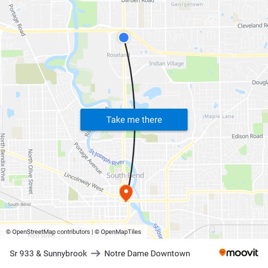 Sr 933 & Sunnybrook to Notre Dame Downtown map