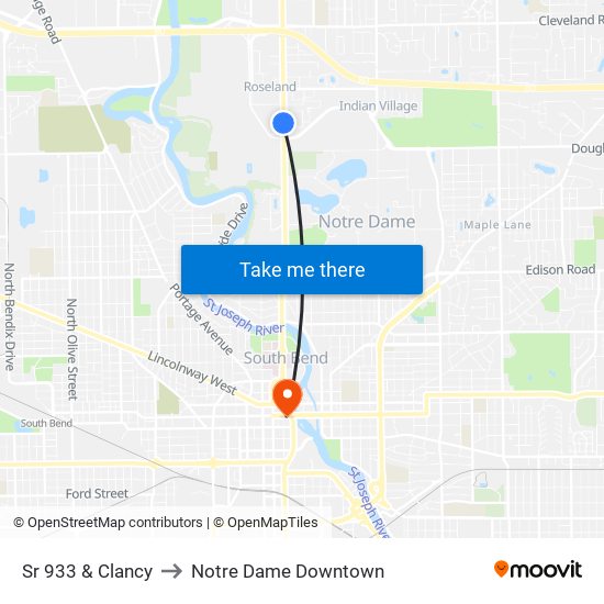 Sr 933 & Clancy to Notre Dame Downtown map