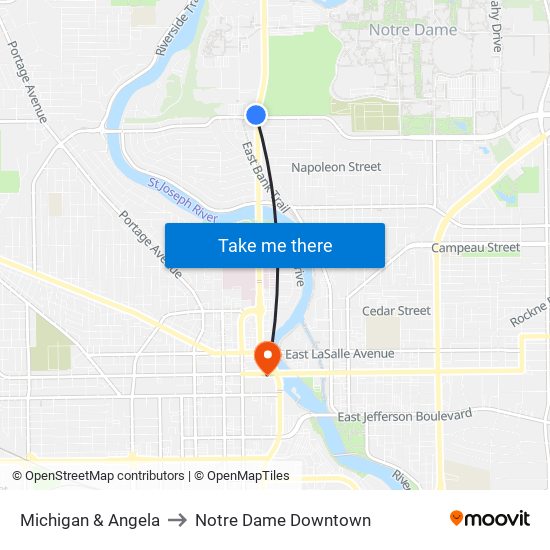 Michigan & Angela to Notre Dame Downtown map