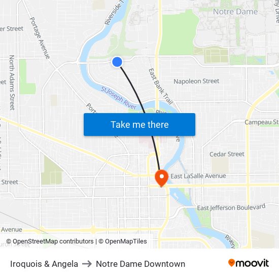 Iroquois & Angela to Notre Dame Downtown map