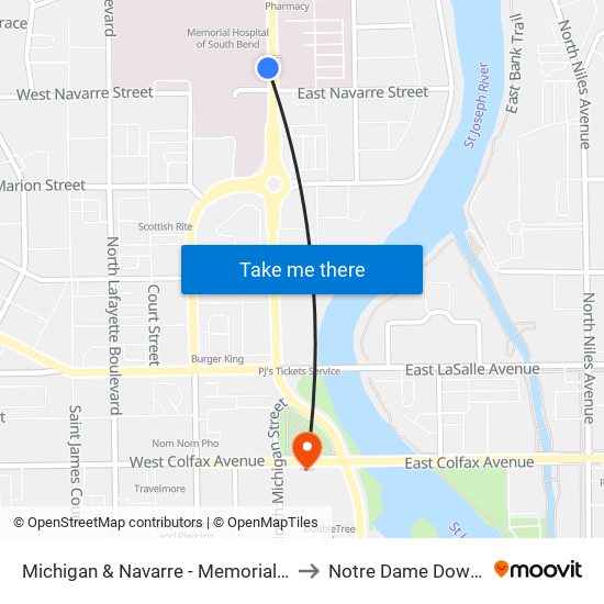 Michigan & Navarre - Memorial Hospital to Notre Dame Downtown map