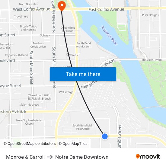Monroe & Carroll to Notre Dame Downtown map