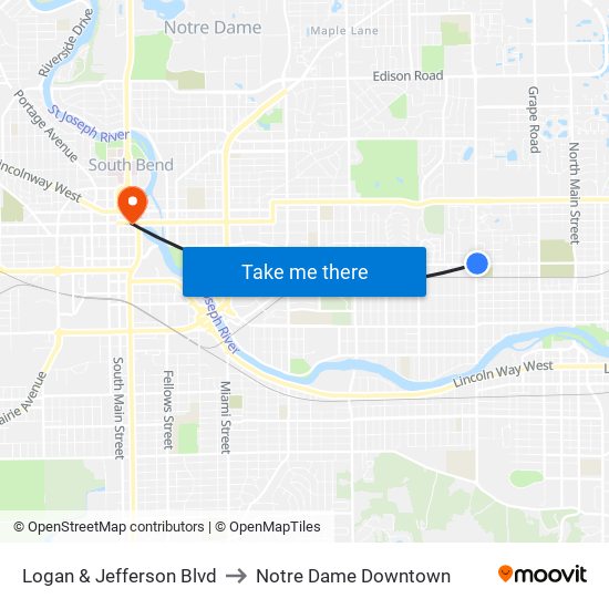 Logan & Jefferson Blvd to Notre Dame Downtown map