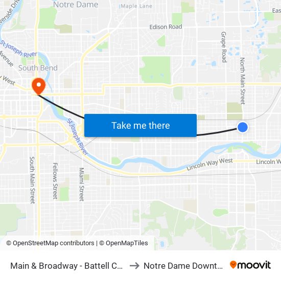 Main & Broadway - Battell Center to Notre Dame Downtown map