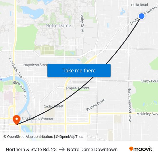 Northern & State Rd. 23 to Notre Dame Downtown map