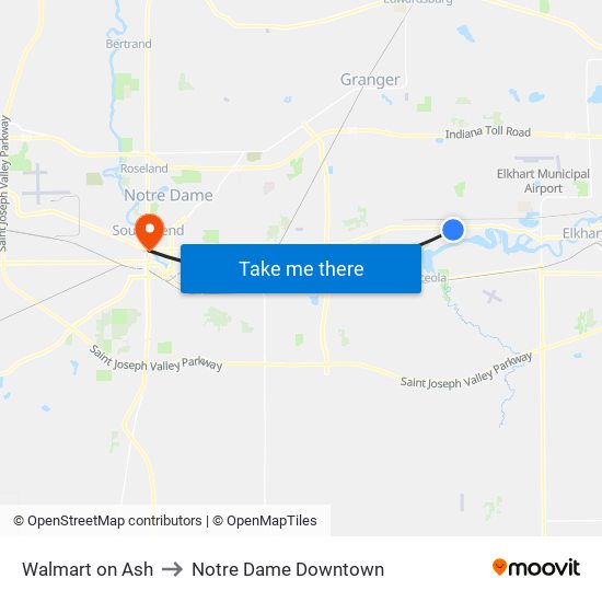 Walmart on Ash to Notre Dame Downtown map