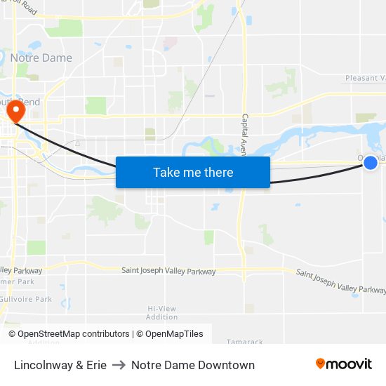 Lincolnway & Erie to Notre Dame Downtown map