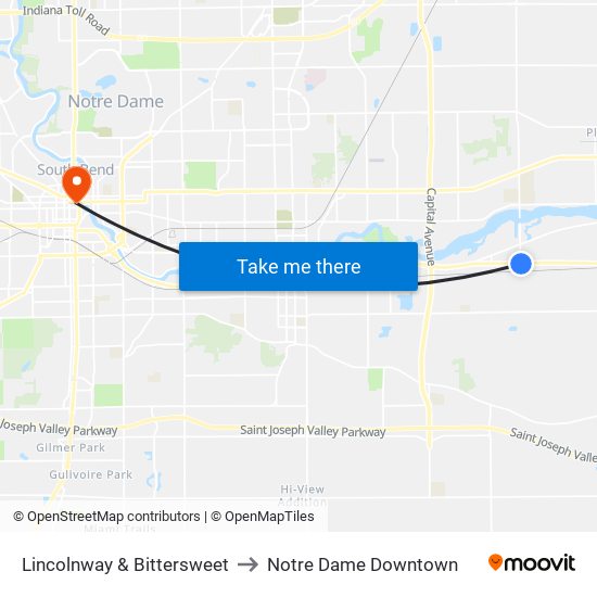 Lincolnway & Bittersweet to Notre Dame Downtown map