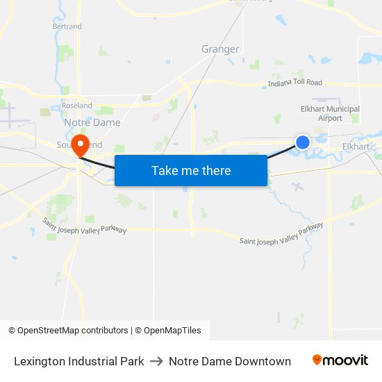 Lexington Industrial Park to Notre Dame Downtown map