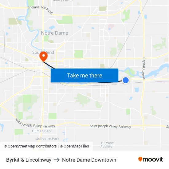 Byrkit & Lincolnway to Notre Dame Downtown map