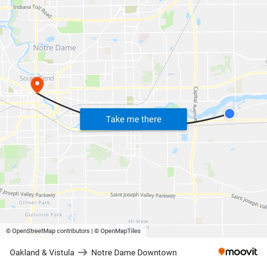 Oakland & Vistula to Notre Dame Downtown map