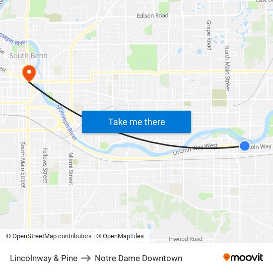 Lincolnway & Pine to Notre Dame Downtown map