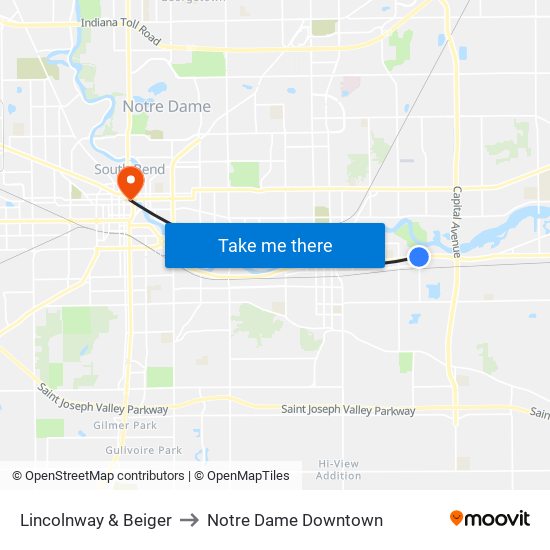 Lincolnway & Beiger to Notre Dame Downtown map