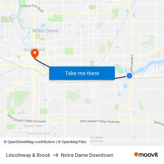 Lincolnway & Brook to Notre Dame Downtown map