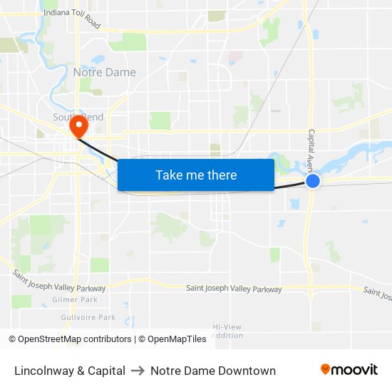 Lincolnway & Capital to Notre Dame Downtown map