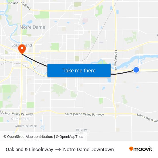 Oakland & Lincolnway to Notre Dame Downtown map
