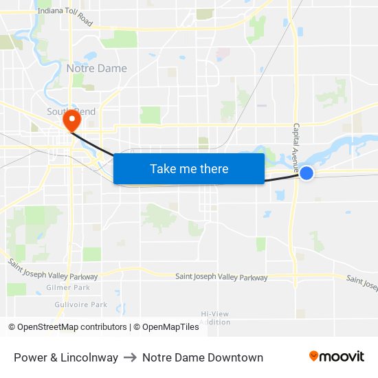 Power & Lincolnway to Notre Dame Downtown map