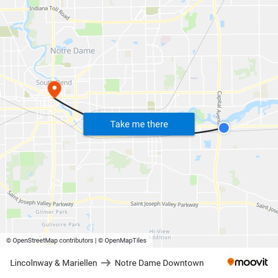 Lincolnway & Mariellen to Notre Dame Downtown map