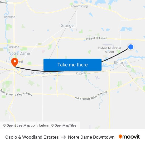 Osolo & Woodland Estates to Notre Dame Downtown map