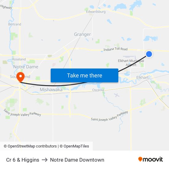 Cr 6 & Higgins to Notre Dame Downtown map