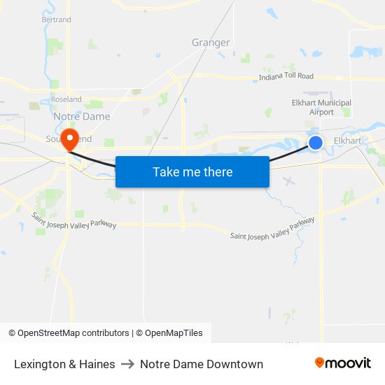 Lexington & Haines to Notre Dame Downtown map