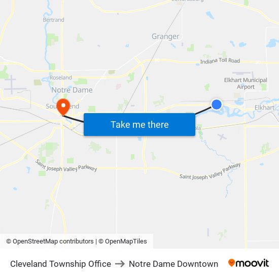 Cleveland Township Office to Notre Dame Downtown map