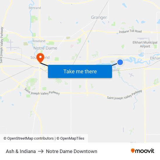 Ash & Indiana to Notre Dame Downtown map