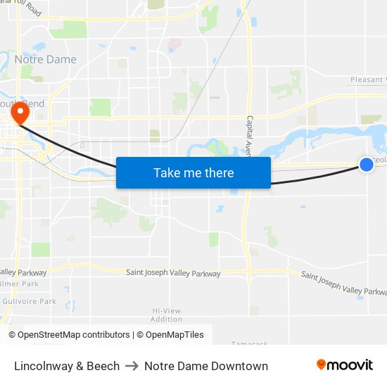 Lincolnway & Beech to Notre Dame Downtown map