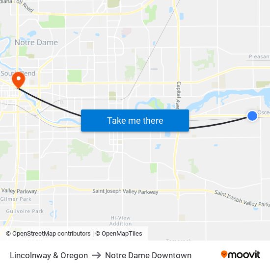 Lincolnway & Oregon to Notre Dame Downtown map