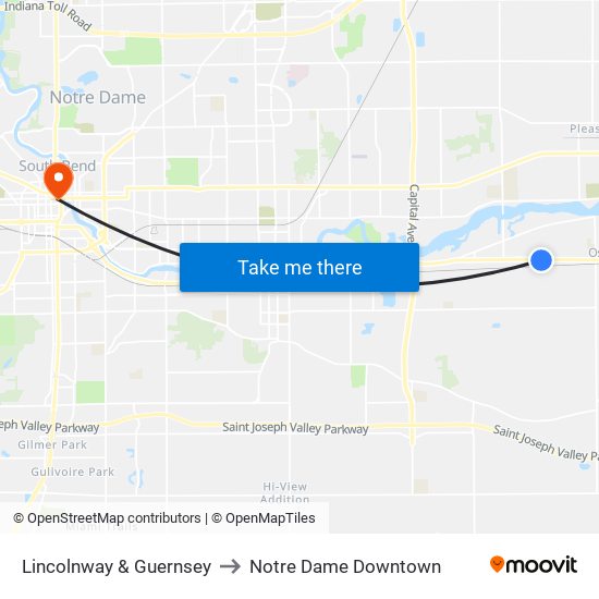 Lincolnway & Guernsey to Notre Dame Downtown map