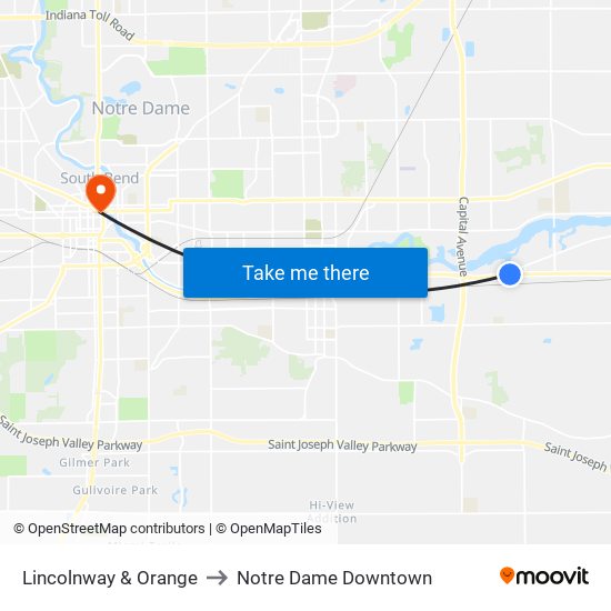 Lincolnway & Orange to Notre Dame Downtown map