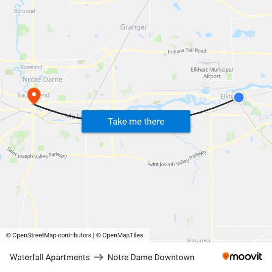 Waterfall Apartments to Notre Dame Downtown map
