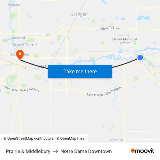 Prairie & Middlebury to Notre Dame Downtown map