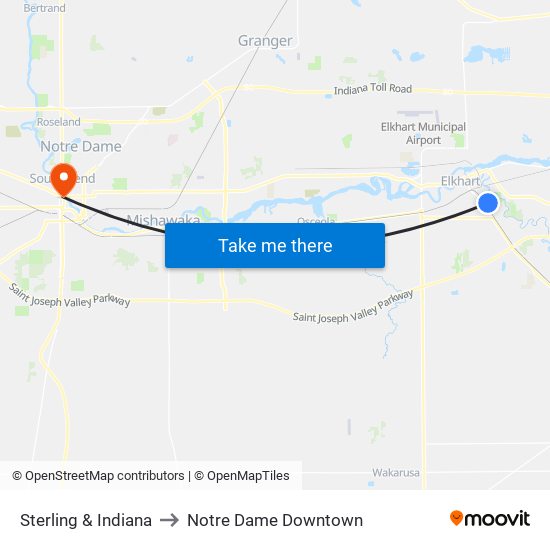 Sterling & Indiana to Notre Dame Downtown map