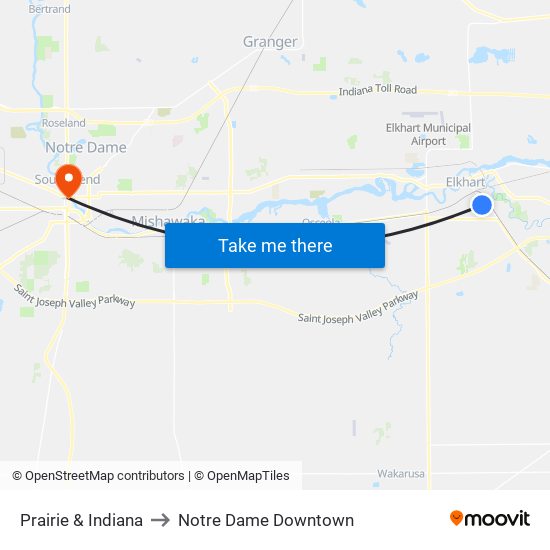 Prairie & Indiana to Notre Dame Downtown map