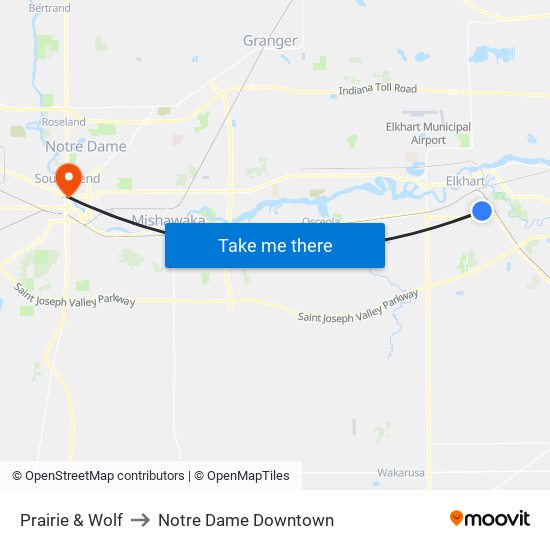 Prairie & Wolf to Notre Dame Downtown map