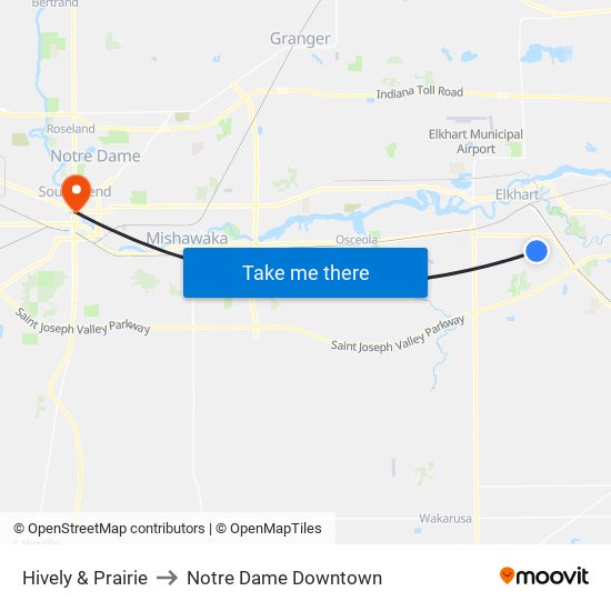 Hively & Prairie to Notre Dame Downtown map