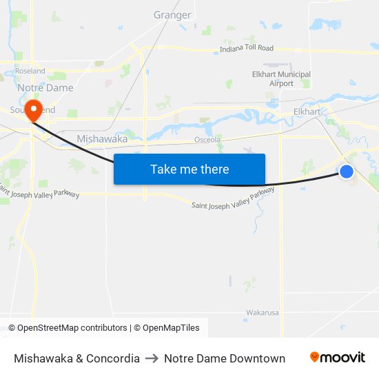 Mishawaka & Concordia to Notre Dame Downtown map