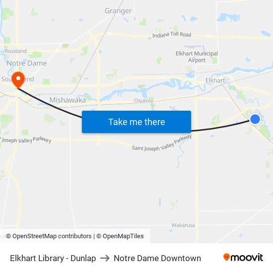 Elkhart Library - Dunlap to Notre Dame Downtown map